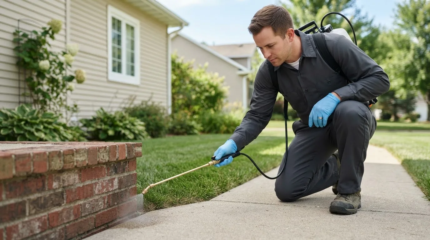 Pest control technician treating a home near Mechanicstown, OH